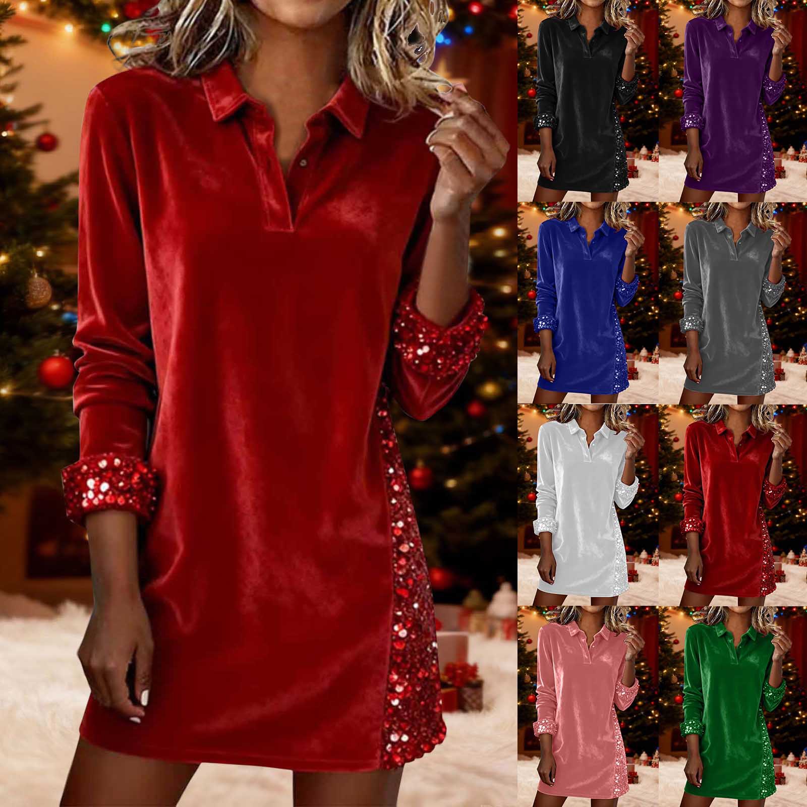 Womens Casual Long-Sleeve Holiday Dress With Sequin Patchwork For Christmas