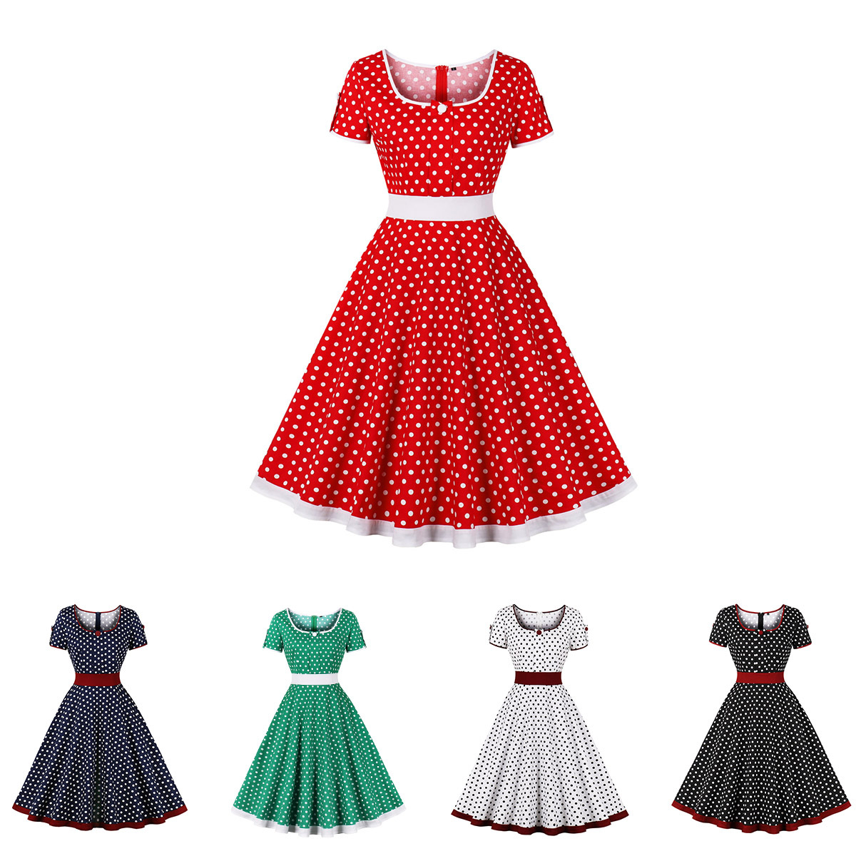 Retro Dots Contrasting-color Dress Elegant Big Hem