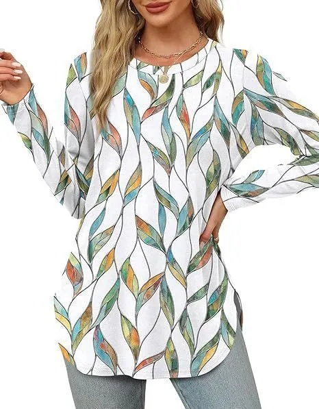 Solid Color Long sleeved Top Round Neck Loose Casual Bottoming Shirt Mulitcolor Leaves - Shop at LoveMi
