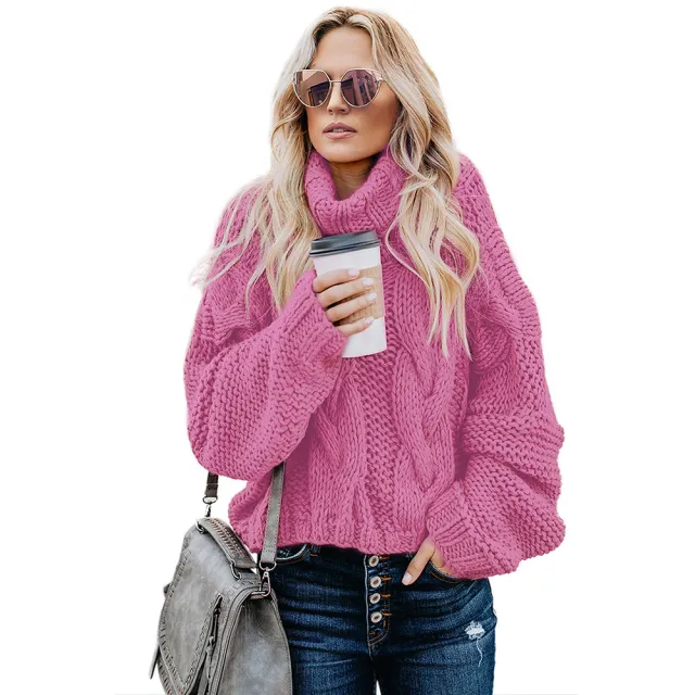 Thick Warm Sweater Women's Solid Color Turtleneck Loose Pullover Top Rose - Shop at LoveMi