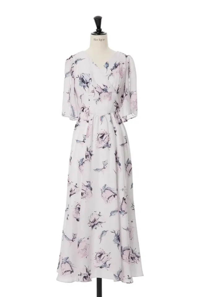 Shawl Sleeve V neck Back Lace up Rose Print Dress Rose - Shop at LoveMi