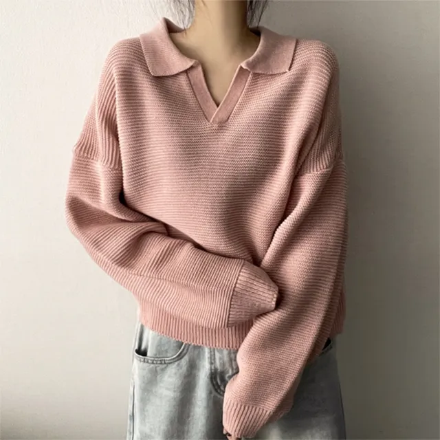 Winter Lapel Pullover Knitting Korean Style Sweater Thick Solid Color And V neck Sweater Pink - Shop at LoveMi