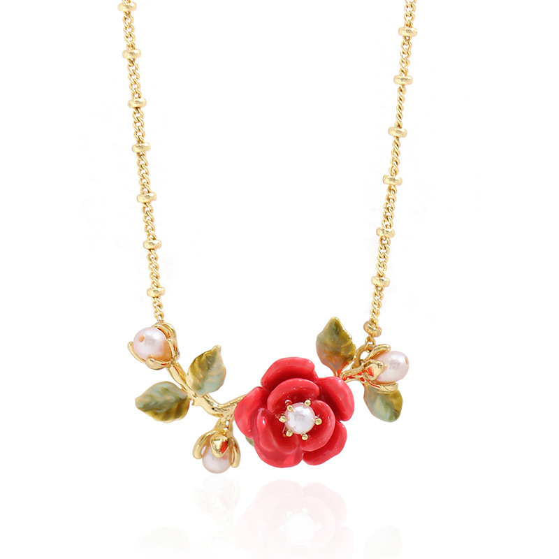 Corolla Rose Red Flower Coral Pearl Branches And Leaves Gold Stud Earrings