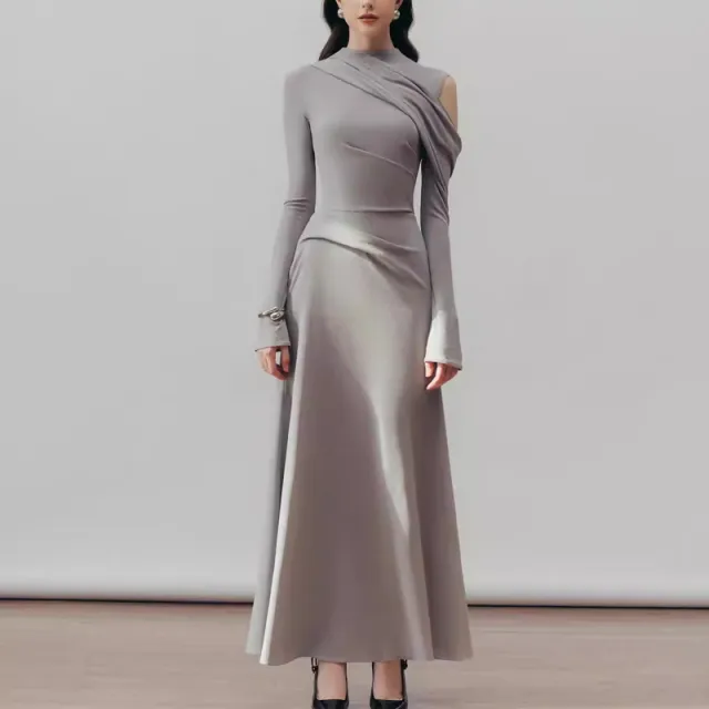 Long Knitted Elegant Graceful Pleated Off shoulder Slim Fit Slimming Skirt Gray - Shop at LoveMi