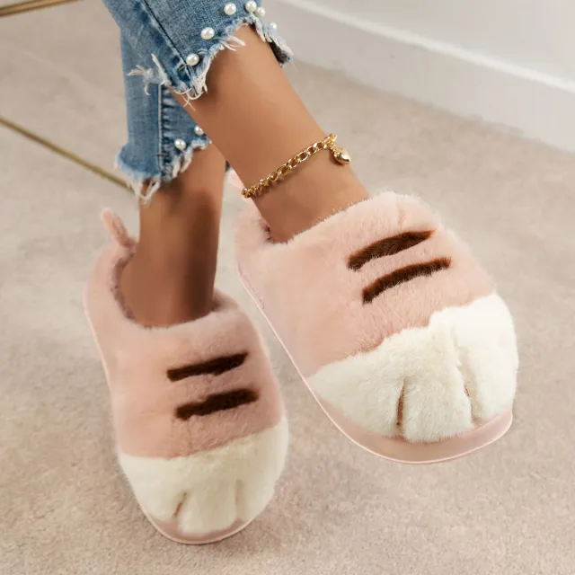 3D Cat Paw Plush Slippers Flat Thermal Winter Slippers Comfortable Fluffy Home Slippers Furry Paw Couple Slippers For Indoor Bedroom Pink - Shop at LoveMi