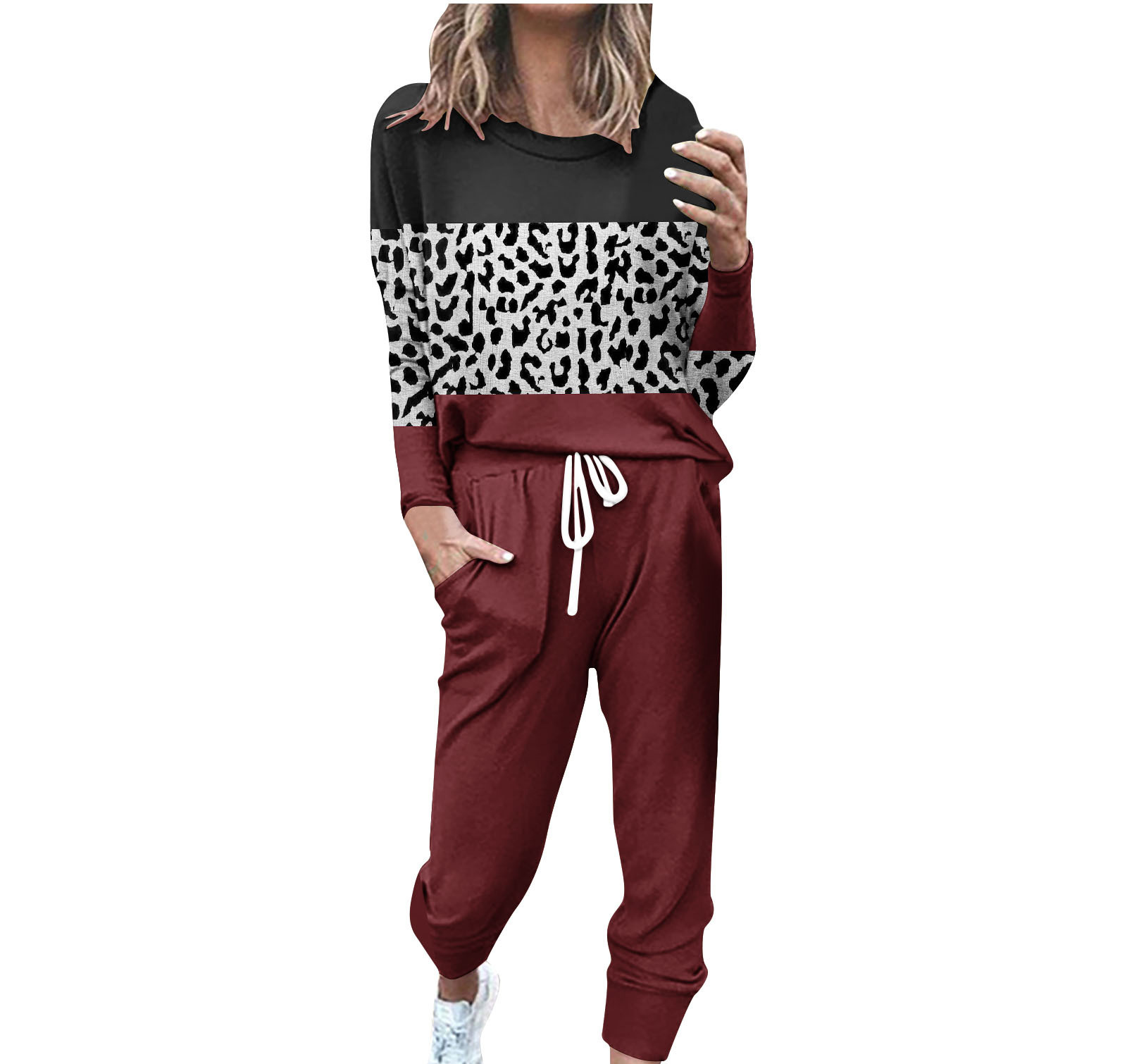 Striped Contrast Color Slim Long Sleeve Top High Waist Straight Wide Drawstring Pocket Trousers Suit G42Z582 M - Shop at LoveMi