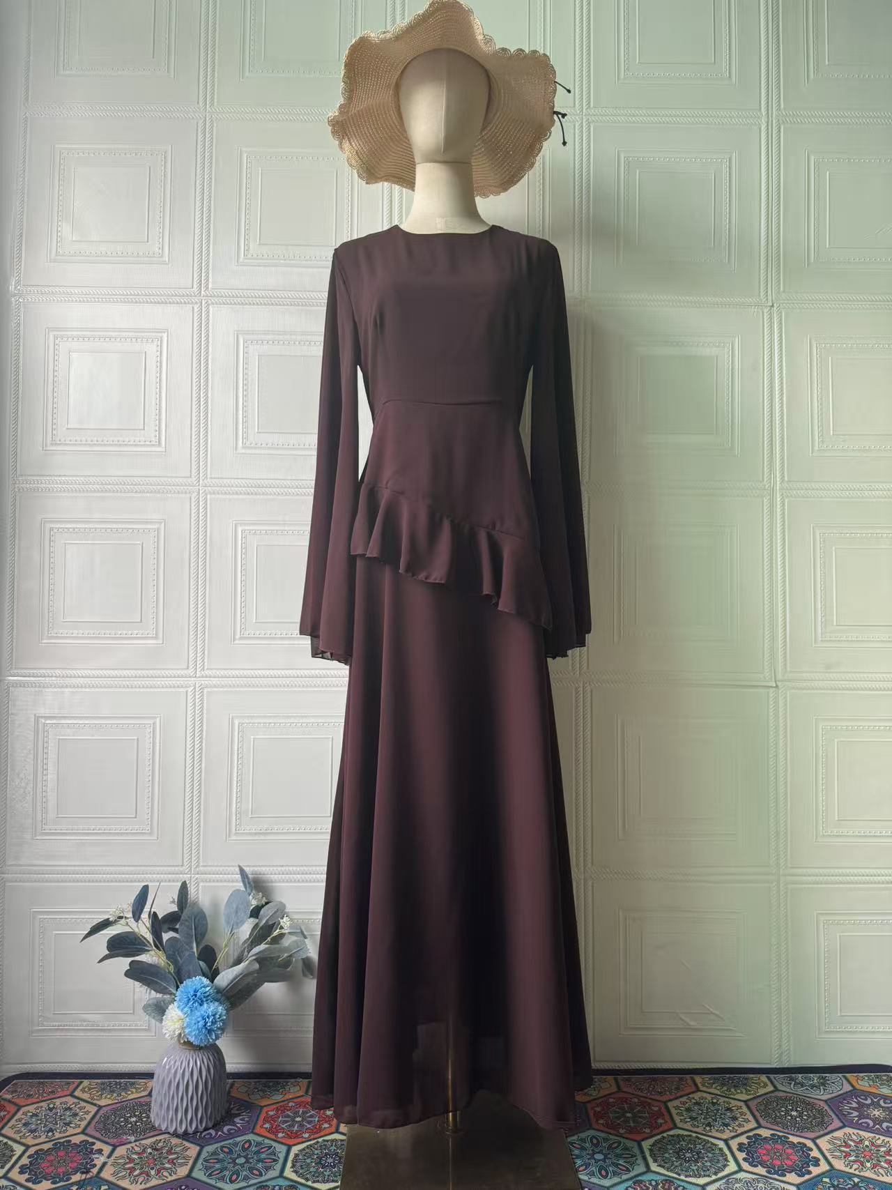 Elegant Temperament Long Sleeve Long Dress Luxurious Lightweight Dress Women Brown - Shop at LoveMi