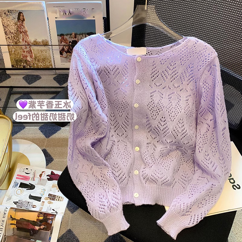Women's Autumn Crew Neck Hollow out Gentle Sweaters Cardigan Purple - Shop at LoveMi