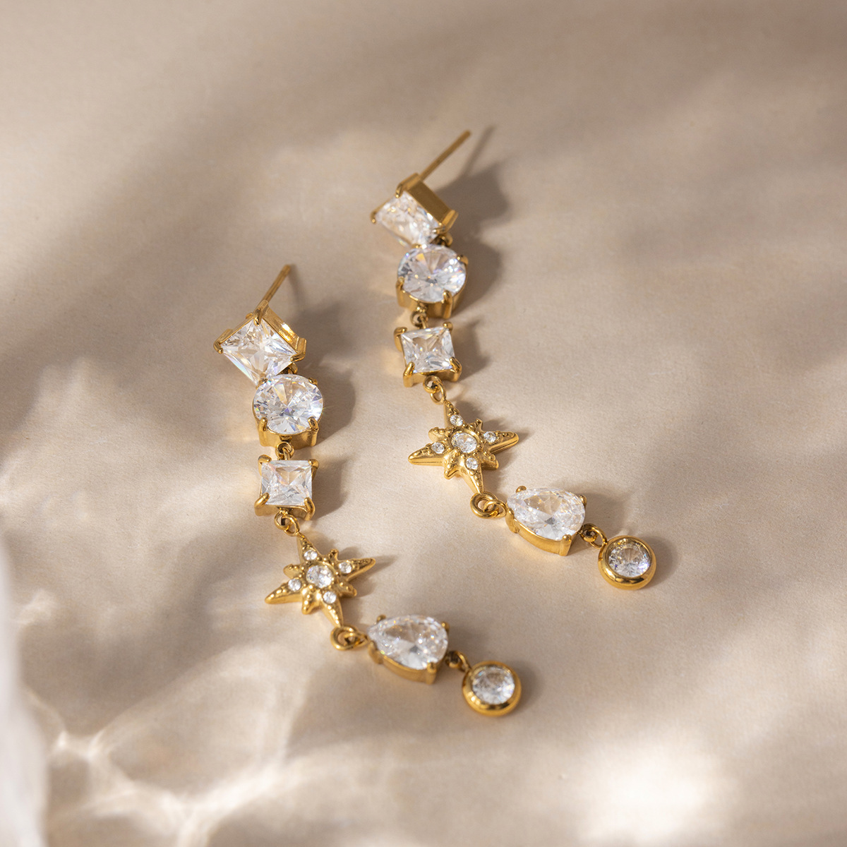 Stainless Steel 18K Zircon Eight-Pointed Star Tassel Earrings