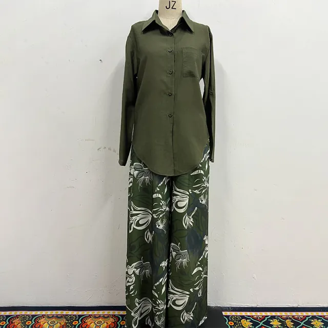 Summer New Cardigan Shirt High Waist Loose Trousers Two piece Suit Olive - Shop at LoveMi