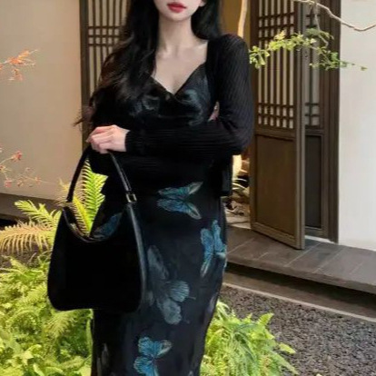 Womens Retro Butterfly French-Style Slim-fit Slip Dress - Image 2