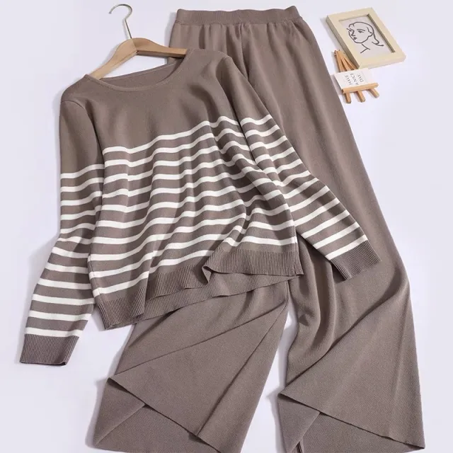 Loose Temperament Slimming Round Neck Long Sleeve Striped Top High Waist Wide Leg Trousers Knitted Two piece Women Brown - Shop at LoveMi