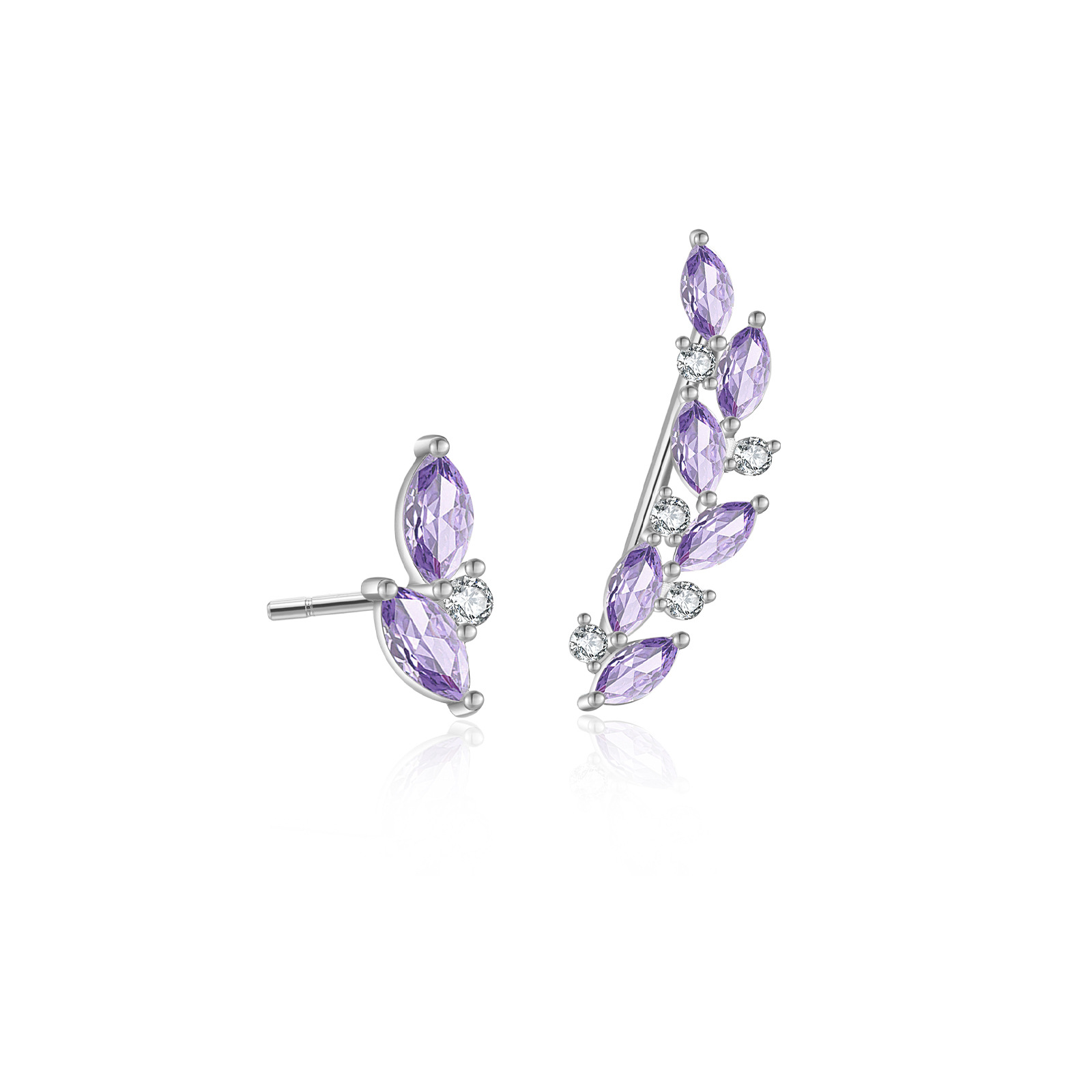 Sterling Silver Stud Diamond Branches Zircon Asymmetric Earrings