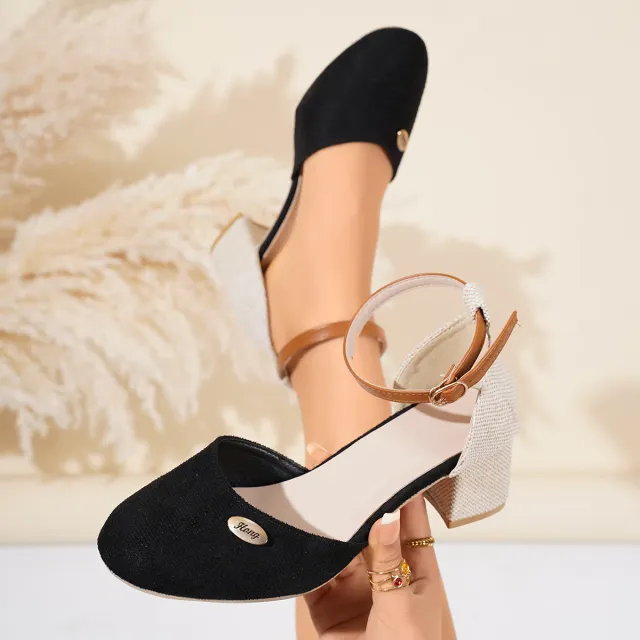 Plus Size Color Block Closed Toe Sandals Stylish And Lightweight Suede Buckle Women's Shoes Black - Shop at LoveMi