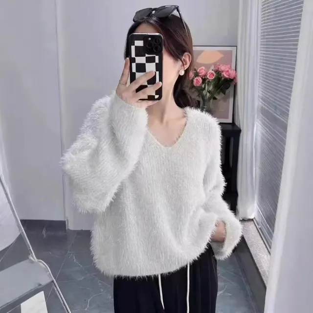 Korean Style Simple V neck Knitted Pullover Top White - Shop at LoveMi