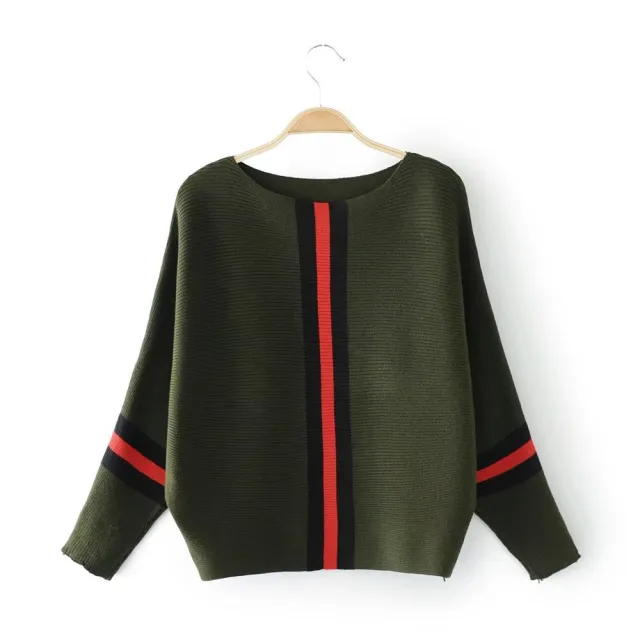 Striped Stitching Batwing Sleeve Knitted Sweater Green - Shop at LoveMi
