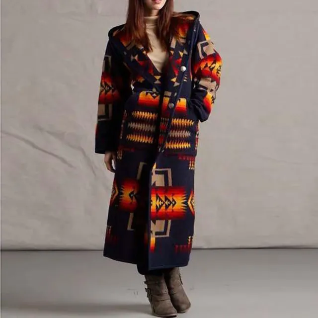 Women's Printing Pocket Long Sleeve Large Coat Blue - Shop at LoveMi