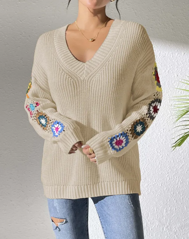 Autumn And Winter Crochet Stitching V neck Pullover Sweater Apricot - Shop at LoveMi