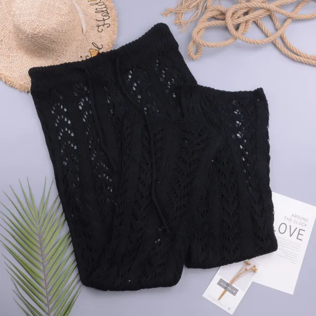 Hollow Hand Crochet Loose Wide Trousers Beach Vacation Style Black - Shop at LoveMi