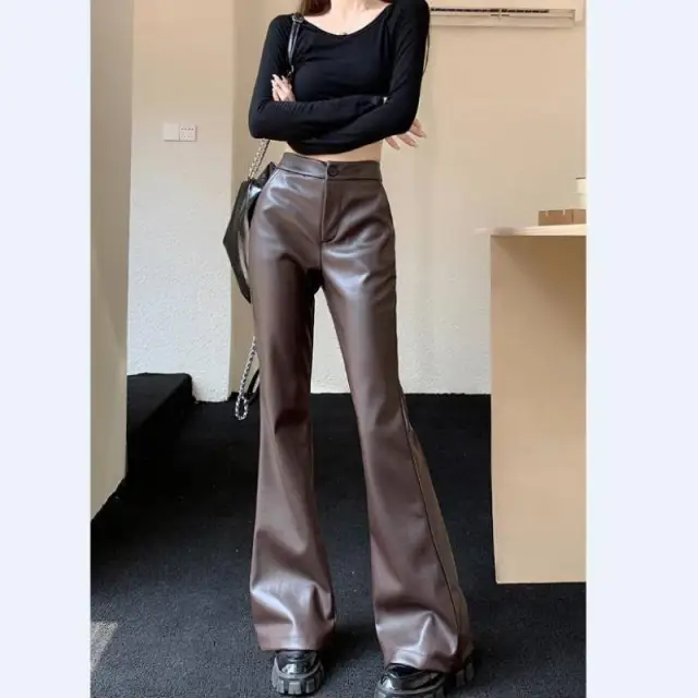 Slim Fit Leather Bootcut Trousers Slimming High Waist Casual Leather Pants Coffee Color - Shop at LoveMi