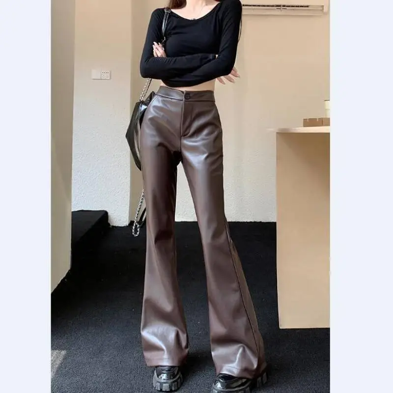 Slim Fit Leather Bootcut Trousers Slimming High Waist Casual Leather Pants - Coffee Color