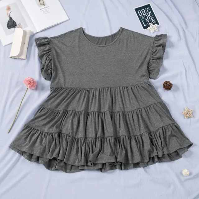 Pure Color Ruffles Pleated Pullover T shirt Gray - Shop at LoveMi