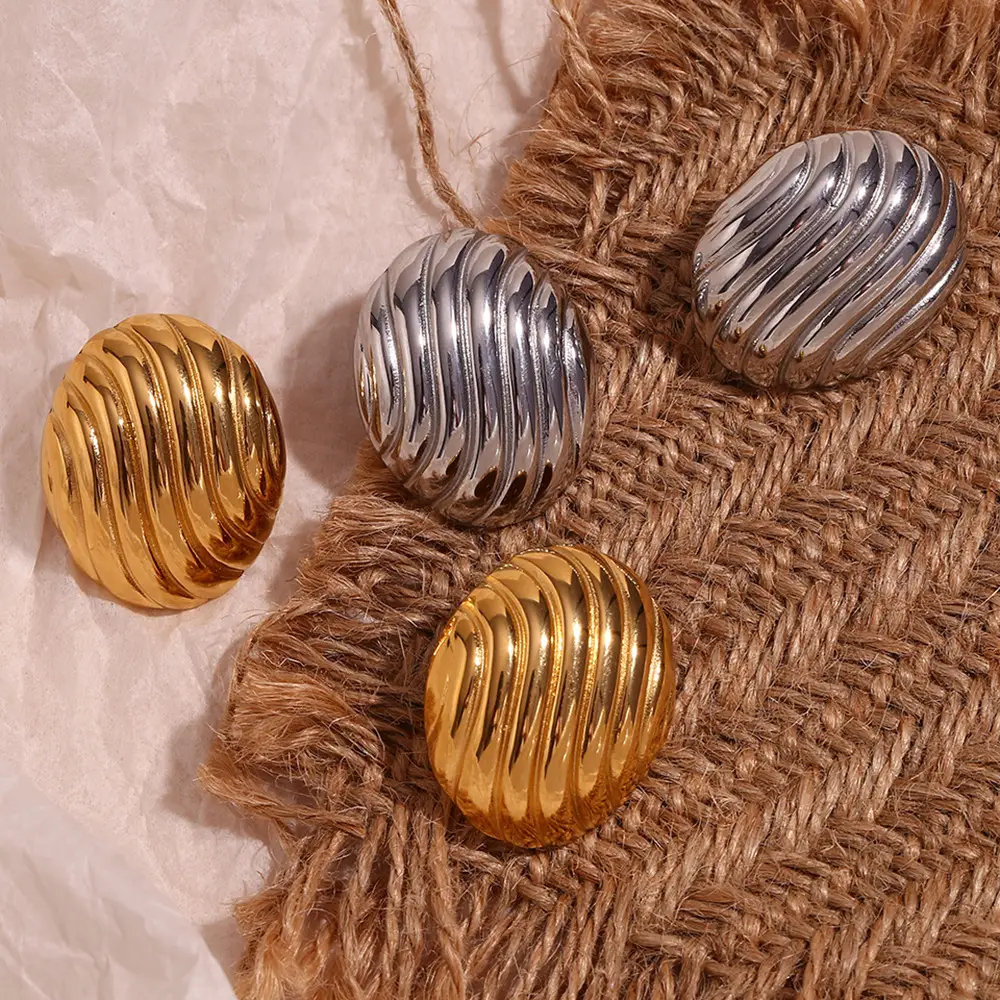 Stainless Steel 18K Gold Plating Vintage Oval Streamline Striped Stud Earrings