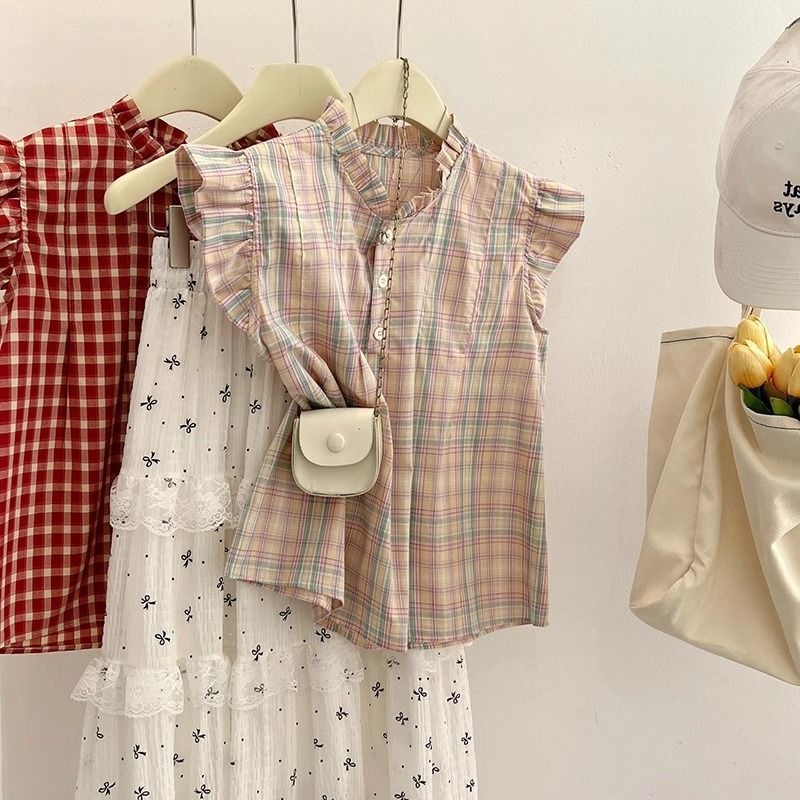Red Plaid Slimming Sleeveless Shirt For Women