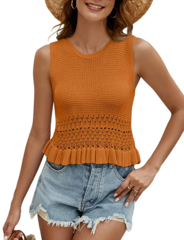 European And American Midriff baring Sweater Knitted Sleeveless Pullover Crocheted Ruffled Hem Vest Orange - Shop at LoveMi