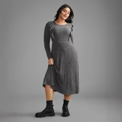 Casual Ruffled Long Sleeve Loose Round Neck Knitted Dress - Gray - View 1