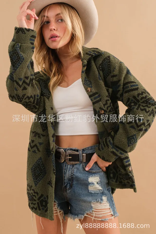 Women's Retro Plush Lapel Long sleeved Jacket Army Green - Shop at LoveMi