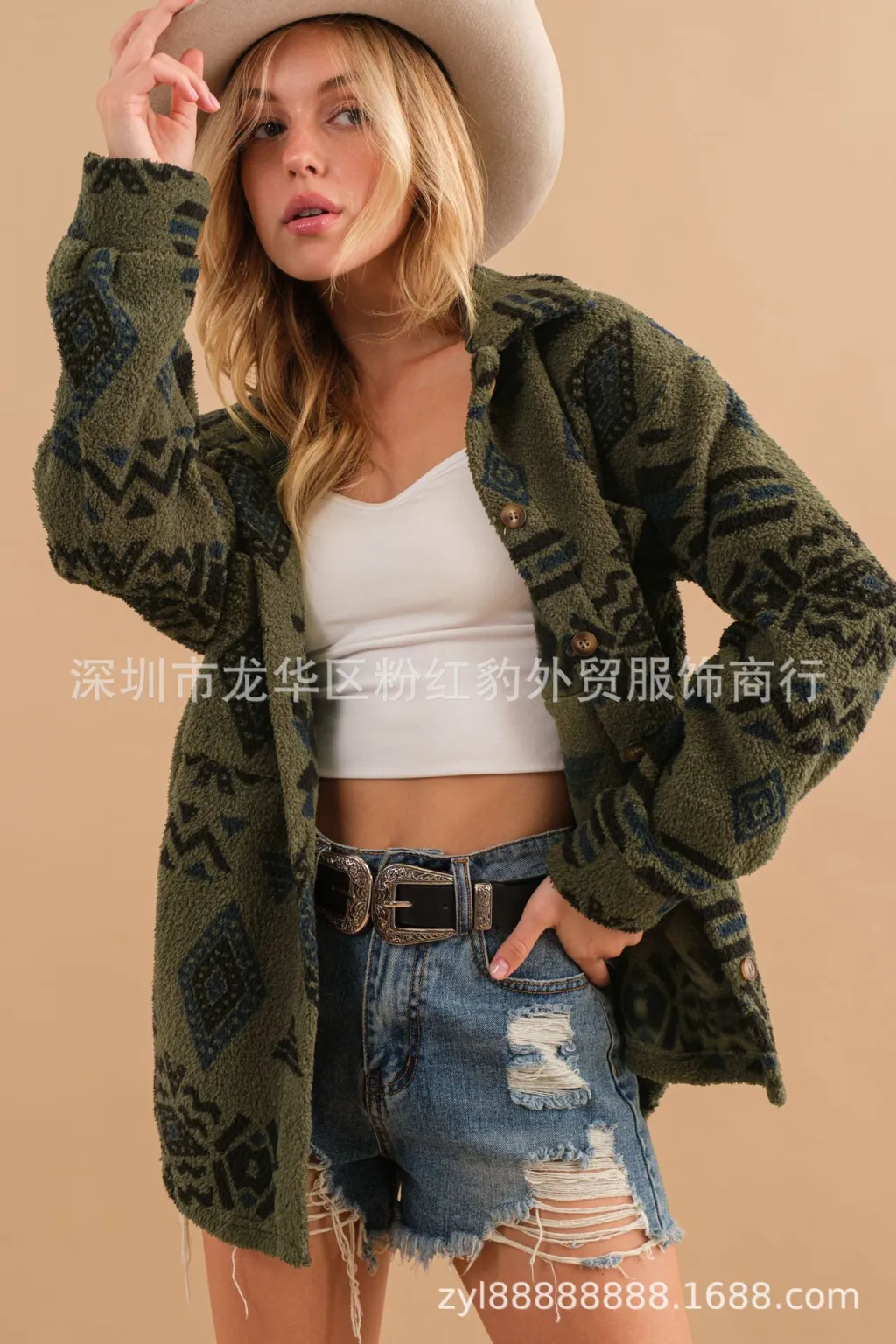 Women's Retro Plush Lapel Long-sleeved Jacket - Army Green