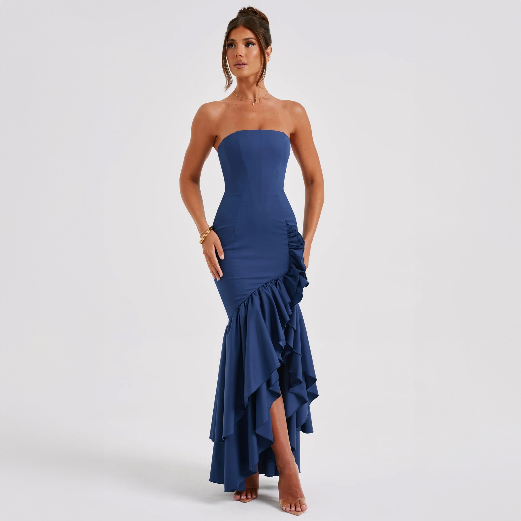 Elegant Strapless Slit Dress For Summer Womens Wear