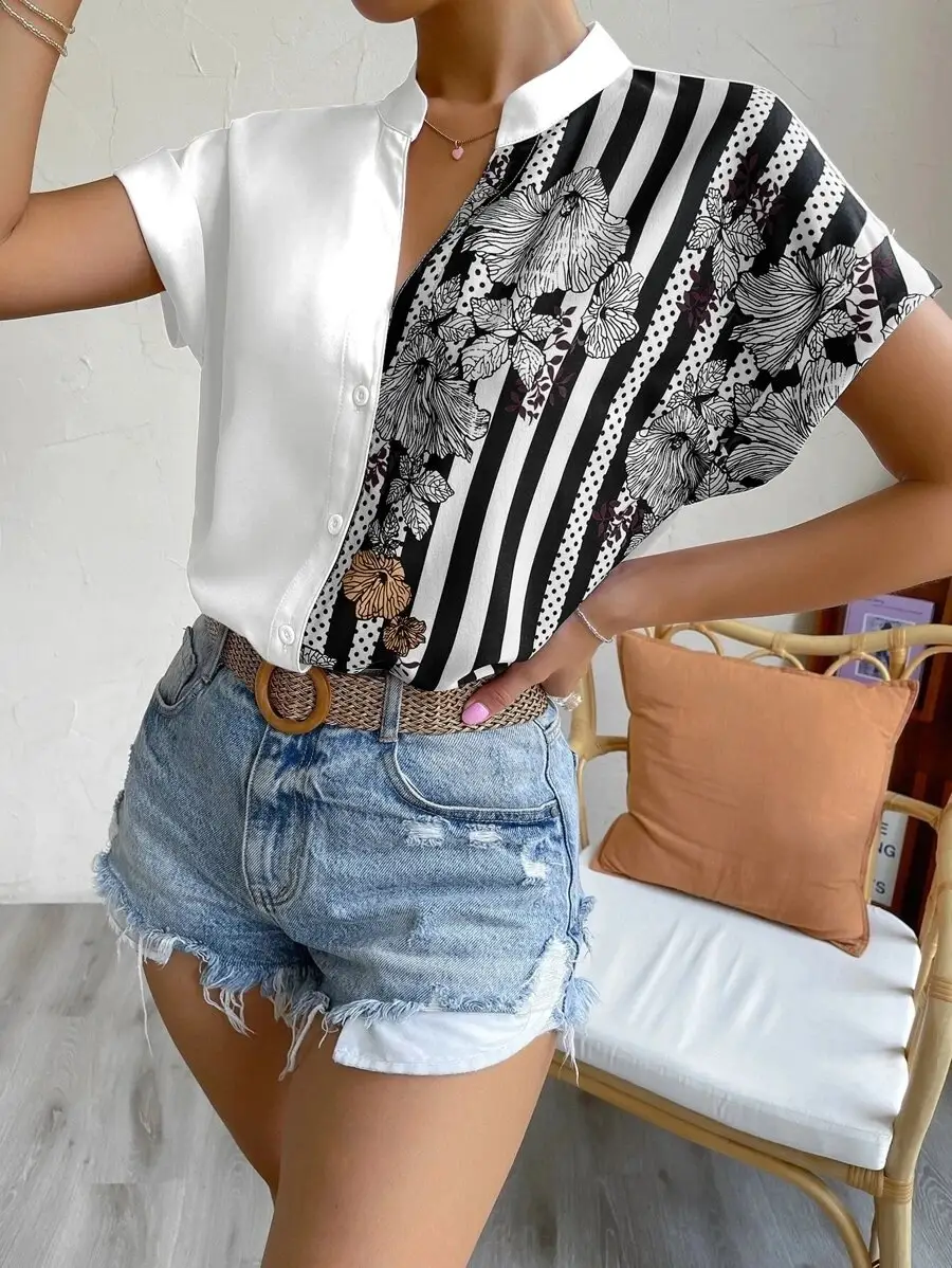 Double Contrast Color Floral Button Cardigan Short Sleeve Shirt