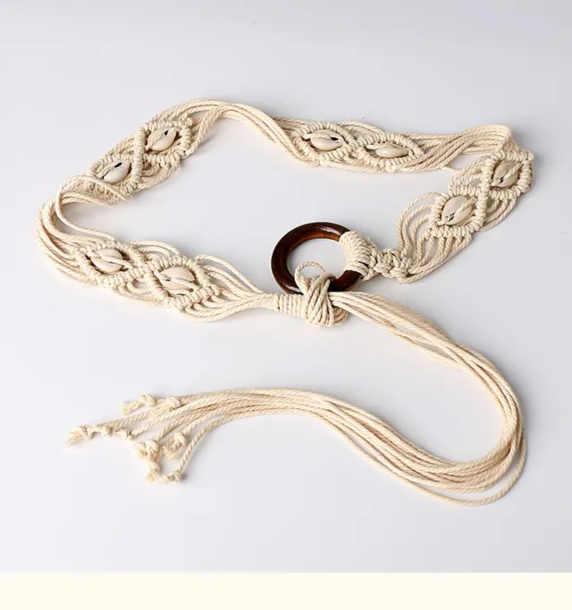 Ethnic Style Woven Wide Belt Women's Dress Casual All match Decorative Tassels Rope Waist Chain Bohemian Accessories Beige - Shop at LoveMi