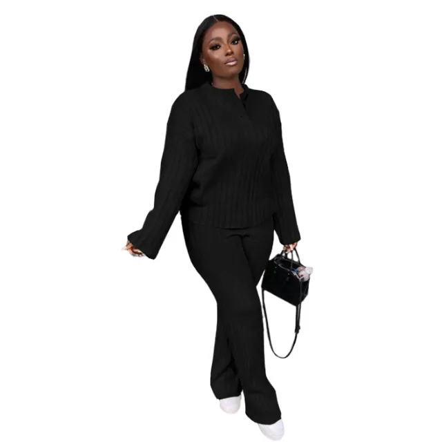 Fashion Casual Knitting Suit Long Sleeve Two piece Sweater Black - Shop at LoveMi