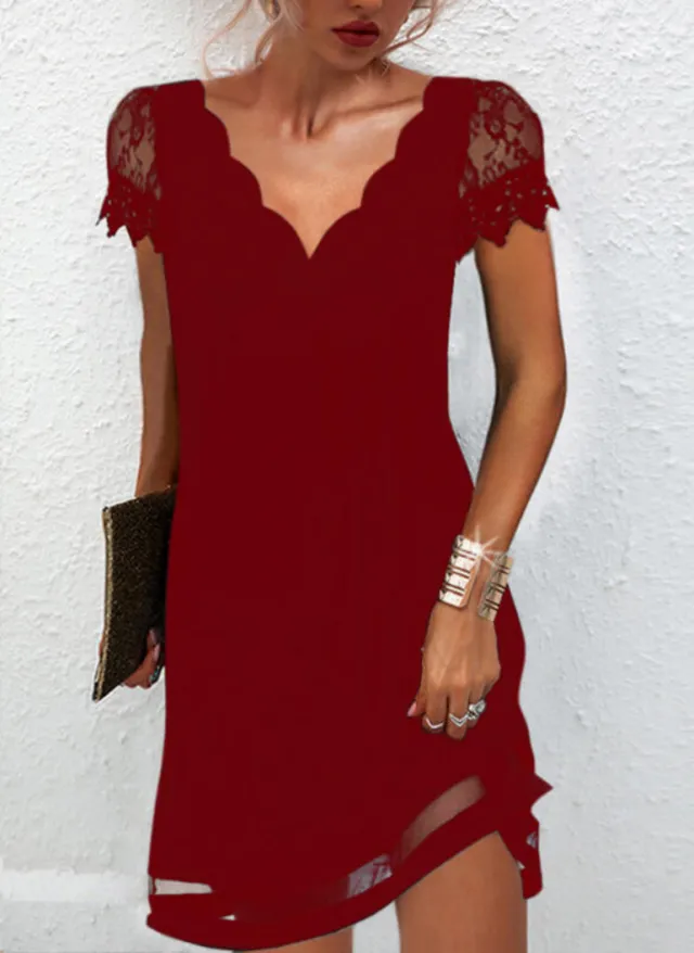 Women's Temperament Fashion V neck Lace Short sleeved Chiffon Dress Red - Shop at LoveMi