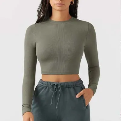 Fitness Running Sports Casual Thread Round Neck Long Sleeve Yoga Wear Top Cx213 Olive - Shop at LoveMi