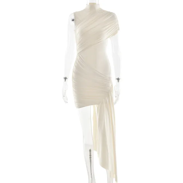Women's Solid Color Irregular Ribbon Bodycon Dress Apricot - Shop at LoveMi