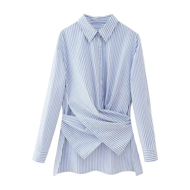 Fashion Loose Striped Lace up Multi color Long Sleeve Shirt Blue - Shop at LoveMi