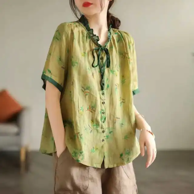 Vintage Ramie Printed Shirt Lace up Lace Collar Top Single breasted Loose Yellow - Shop at LoveMi