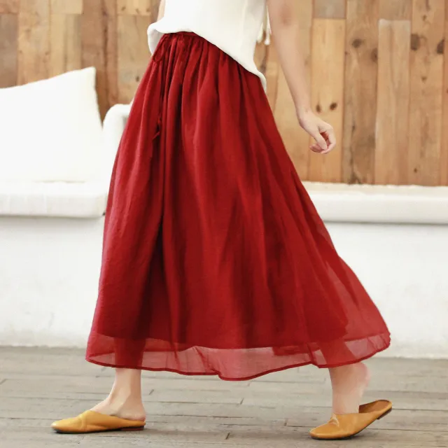 Artistic Retro Elastic Waist Big Hem Skirt Dark Red - Shop at LoveMi