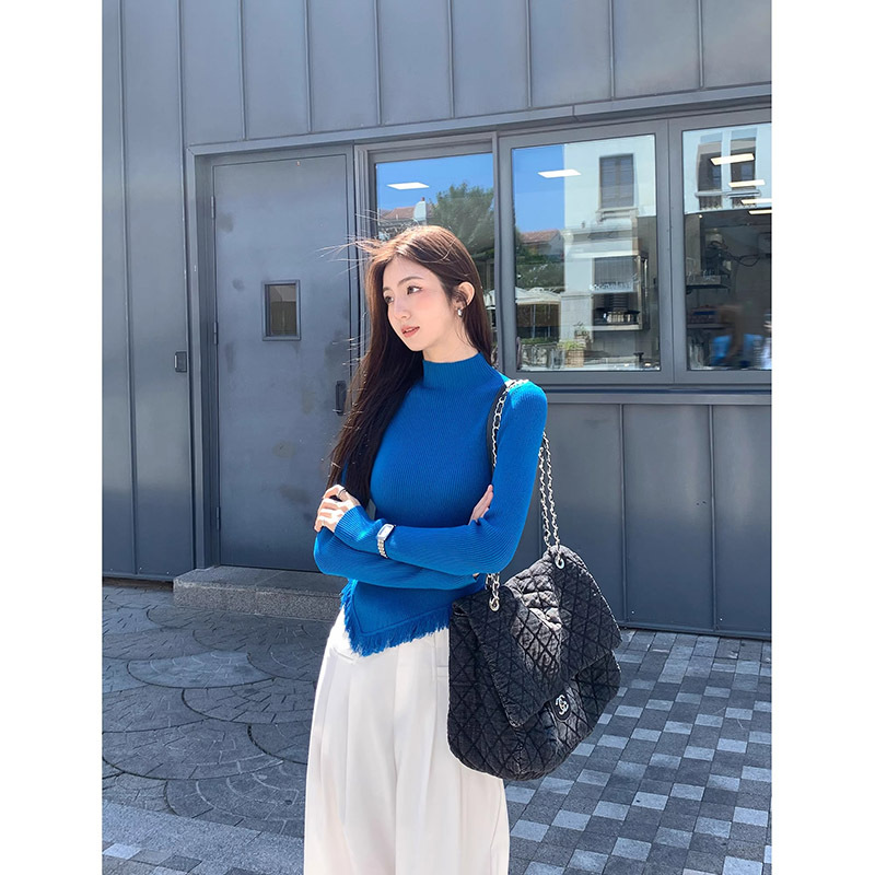 Women's Solid Color Semi High Neck Tassel Knit Base Sweater - Image 1