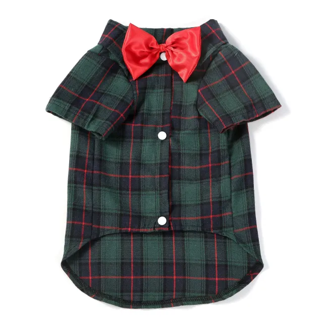 Pet Clothes Small And Medium sized Dogs Plaid Shirt Dark Green Bow Tie Male - Shop at LoveMi