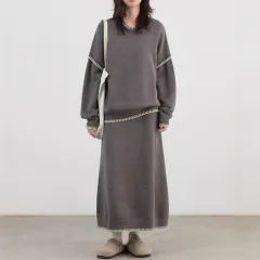 Color-contrasting Stripe Skirt Two-piece Set Idle Style Loose Pullover Sweater Set Women - Gray - View 1