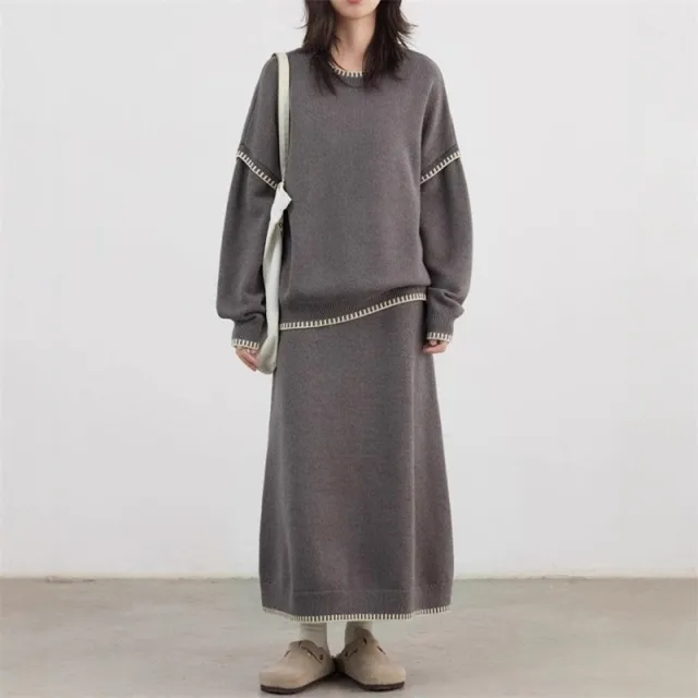 Color contrasting Stripe Skirt Two piece Set Idle Style Loose Pullover Sweater Set Women Gray - Shop at LoveMi
