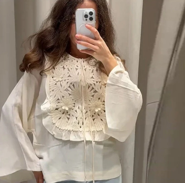 Hollow Embroidered Bell Sleeve Shirt Skirt Outfit