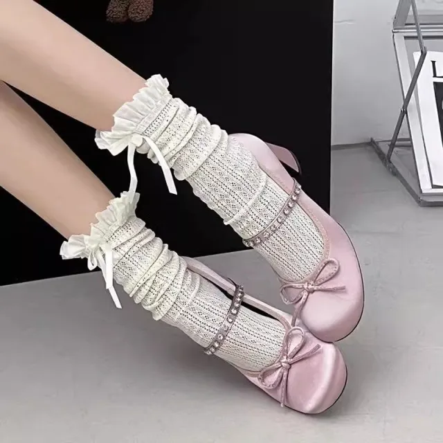 New Single Layer Gentle Bow French Round Head Low cut Rhinestone Word With Mary Jane Shoes Pink - Shop at LoveMi
