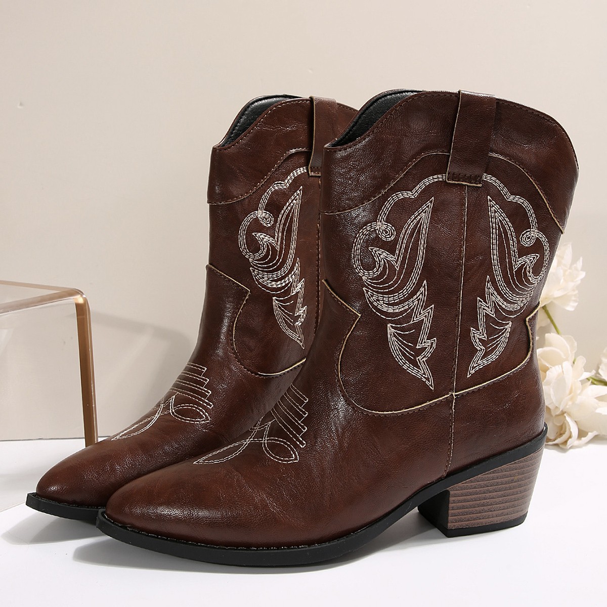 Embroidered Mid-Calf Western Boots