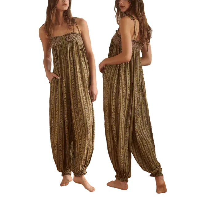 Womens Printed Loose Fit Figure Flattering Jumpsuit Pants Brown - Shop at LoveMi